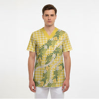 Aloha Puakenikeni Anthurium Pikake Lei Scrub Top Gold Hawaiian Palaka Pattern