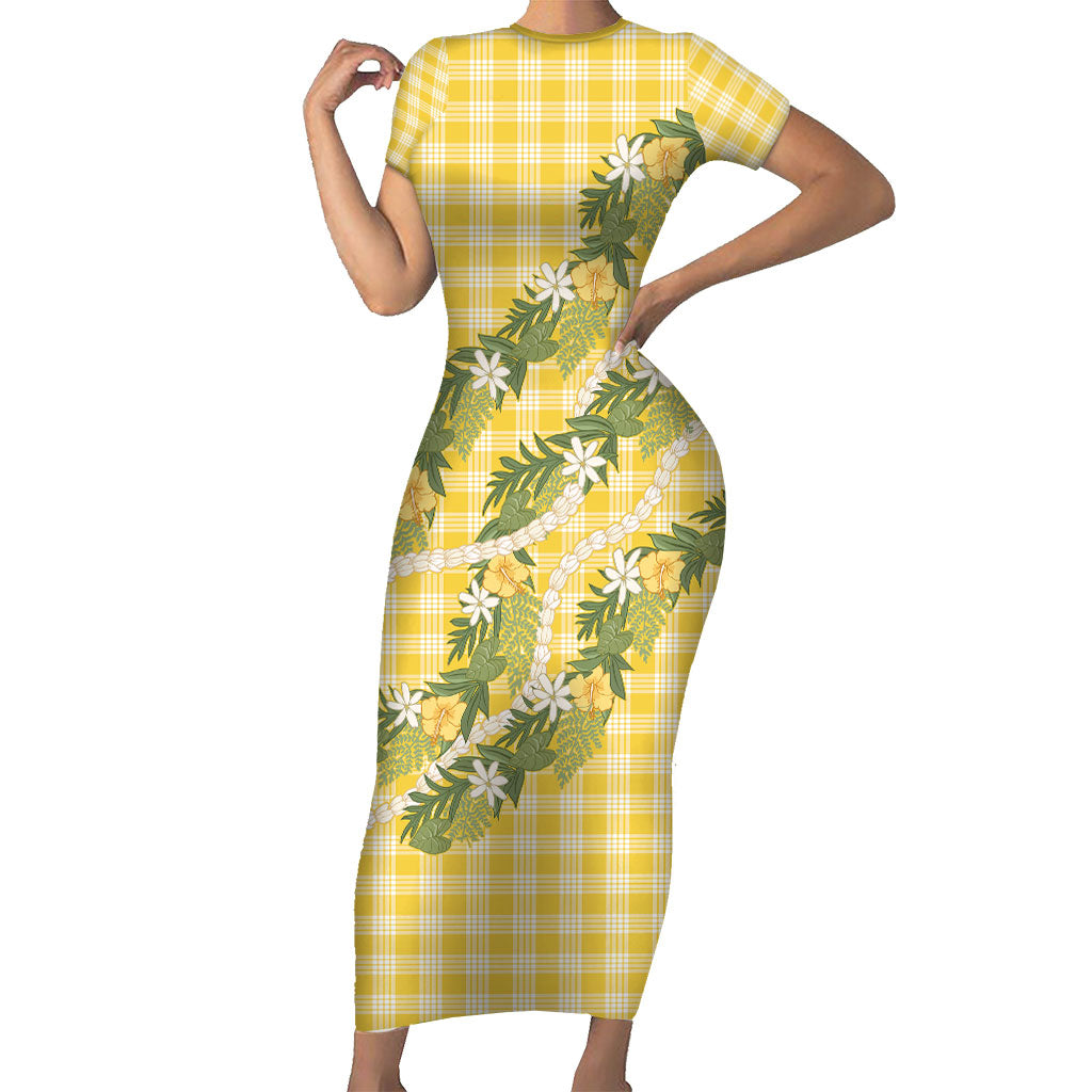Aloha Puakenikeni Anthurium Pikake Lei Short Sleeve Bodycon Dress Gold Hawaiian Palaka Pattern