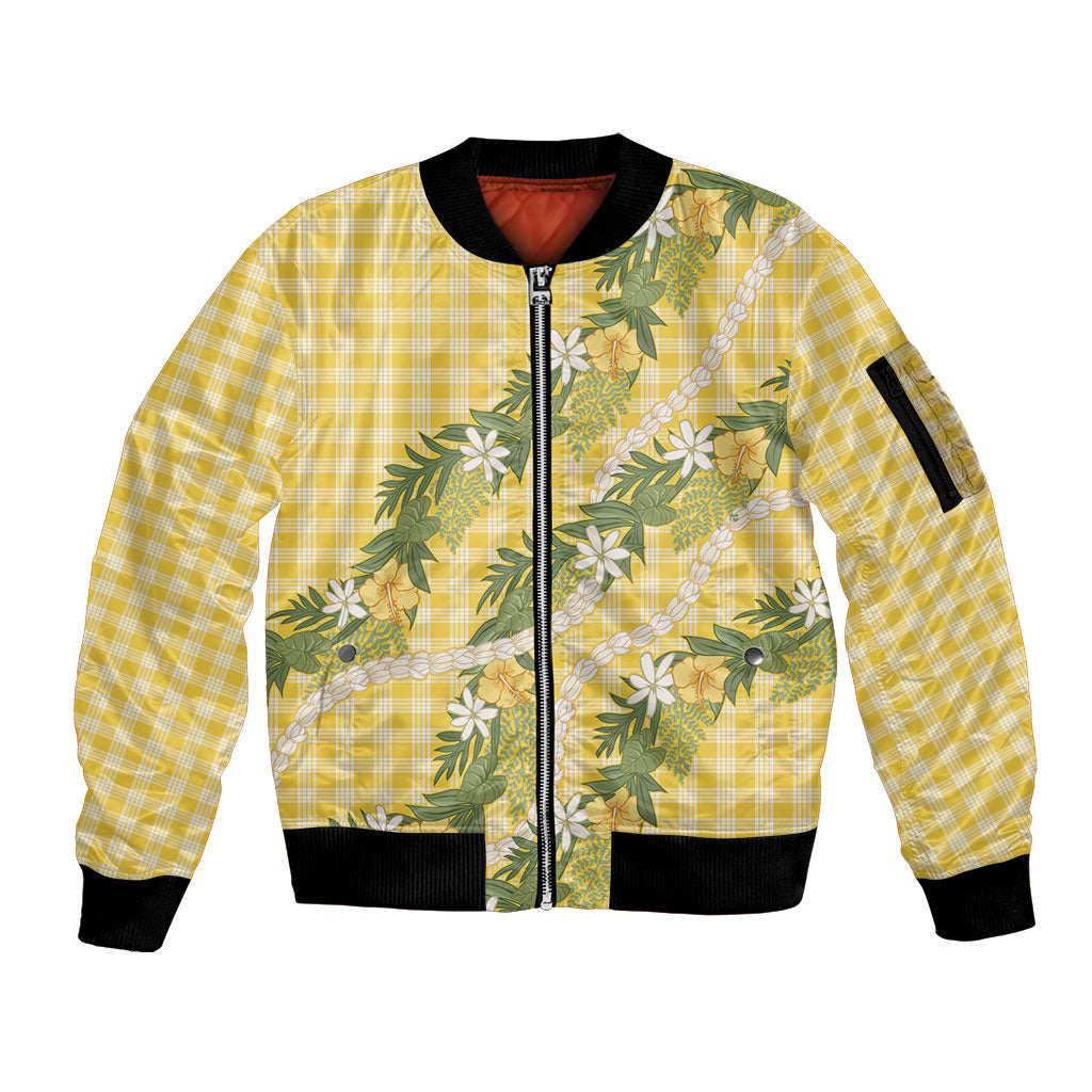 Aloha Puakenikeni Anthurium Pikake Lei Sleeve Zip Bomber Jacket Gold Hawaiian Palaka Pattern LT9 Unisex Gold - Polynesian Pride