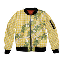 Aloha Puakenikeni Anthurium Pikake Lei Sleeve Zip Bomber Jacket Gold Hawaiian Palaka Pattern LT9 Unisex Gold - Polynesian Pride