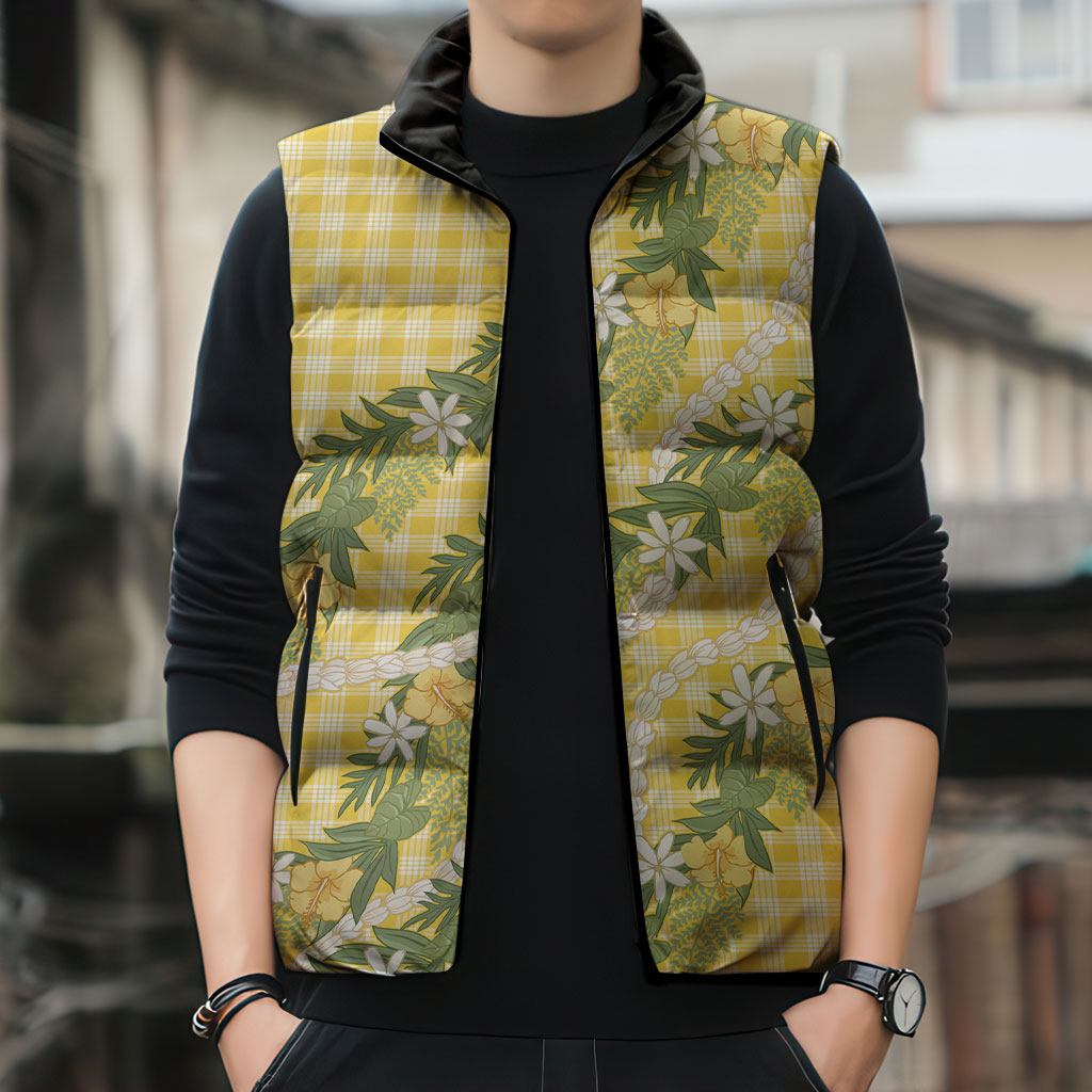 Aloha Puakenikeni Anthurium Pikake Lei Sleeveless Puffer Jacket Gold Hawaiian Palaka Pattern