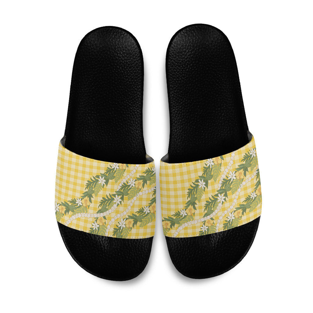 Aloha Puakenikeni Anthurium Pikake Lei Slide Sandals Gold Hawaiian Palaka Pattern LT9 Gold - Polynesian Pride