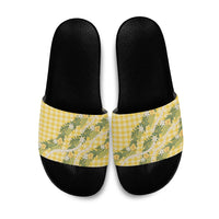 Aloha Puakenikeni Anthurium Pikake Lei Slide Sandals Gold Hawaiian Palaka Pattern LT9 Gold - Polynesian Pride