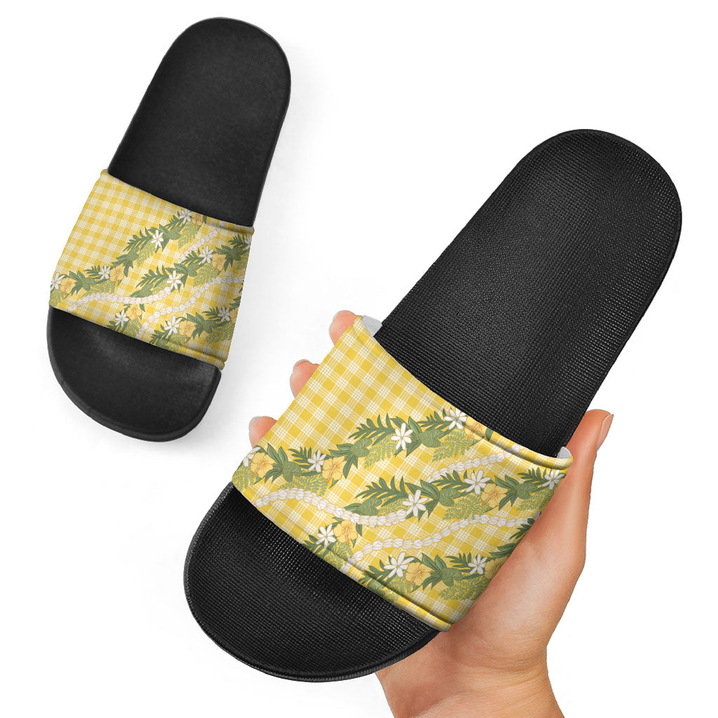 Aloha Puakenikeni Anthurium Pikake Lei Slide Sandals Gold Hawaiian Palaka Pattern LT9 - Polynesian Pride
