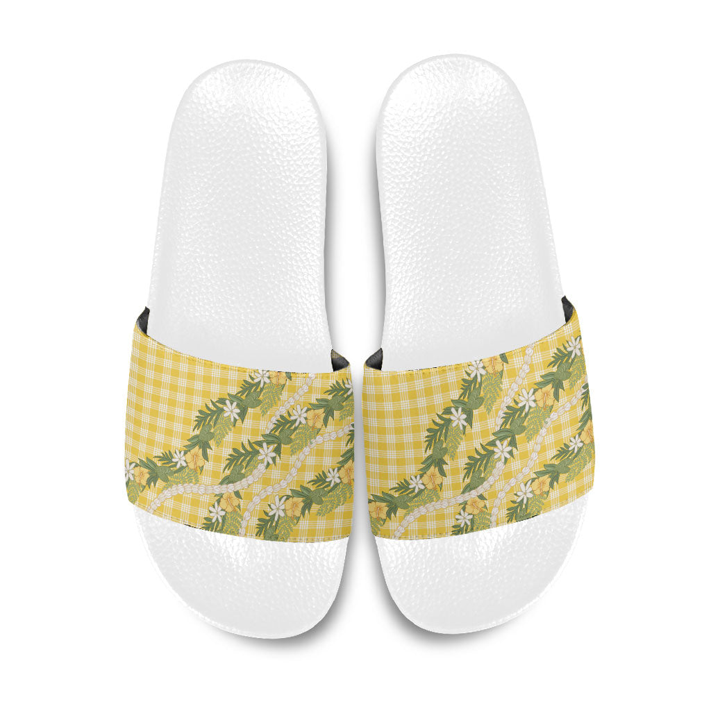 Aloha Puakenikeni Anthurium Pikake Lei Slide Sandals Gold Hawaiian Palaka Pattern LT9 Gold - Polynesian Pride
