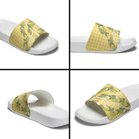 Aloha Puakenikeni Anthurium Pikake Lei Slide Sandals Gold Hawaiian Palaka Pattern LT9 - Polynesian Pride