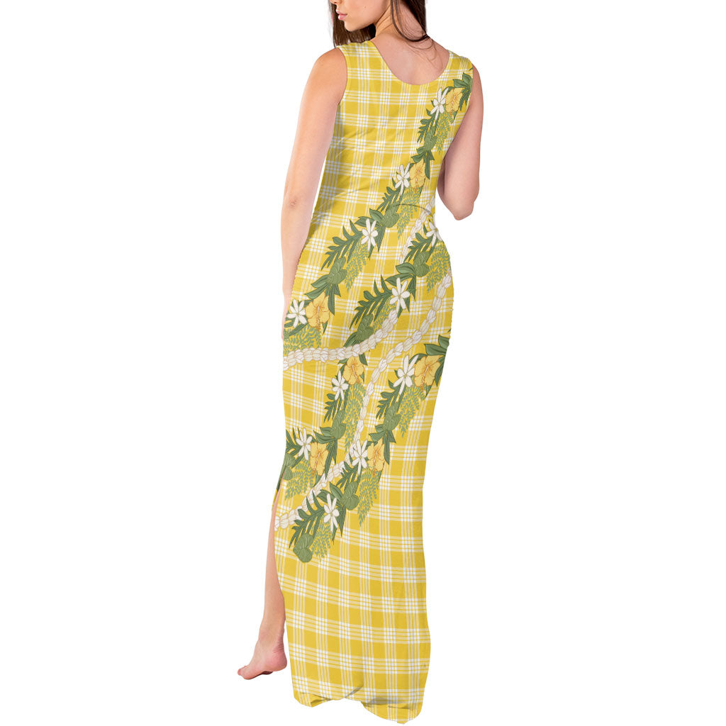 Aloha Puakenikeni Anthurium Pikake Lei Tank Maxi Dress Gold Hawaiian Palaka Pattern