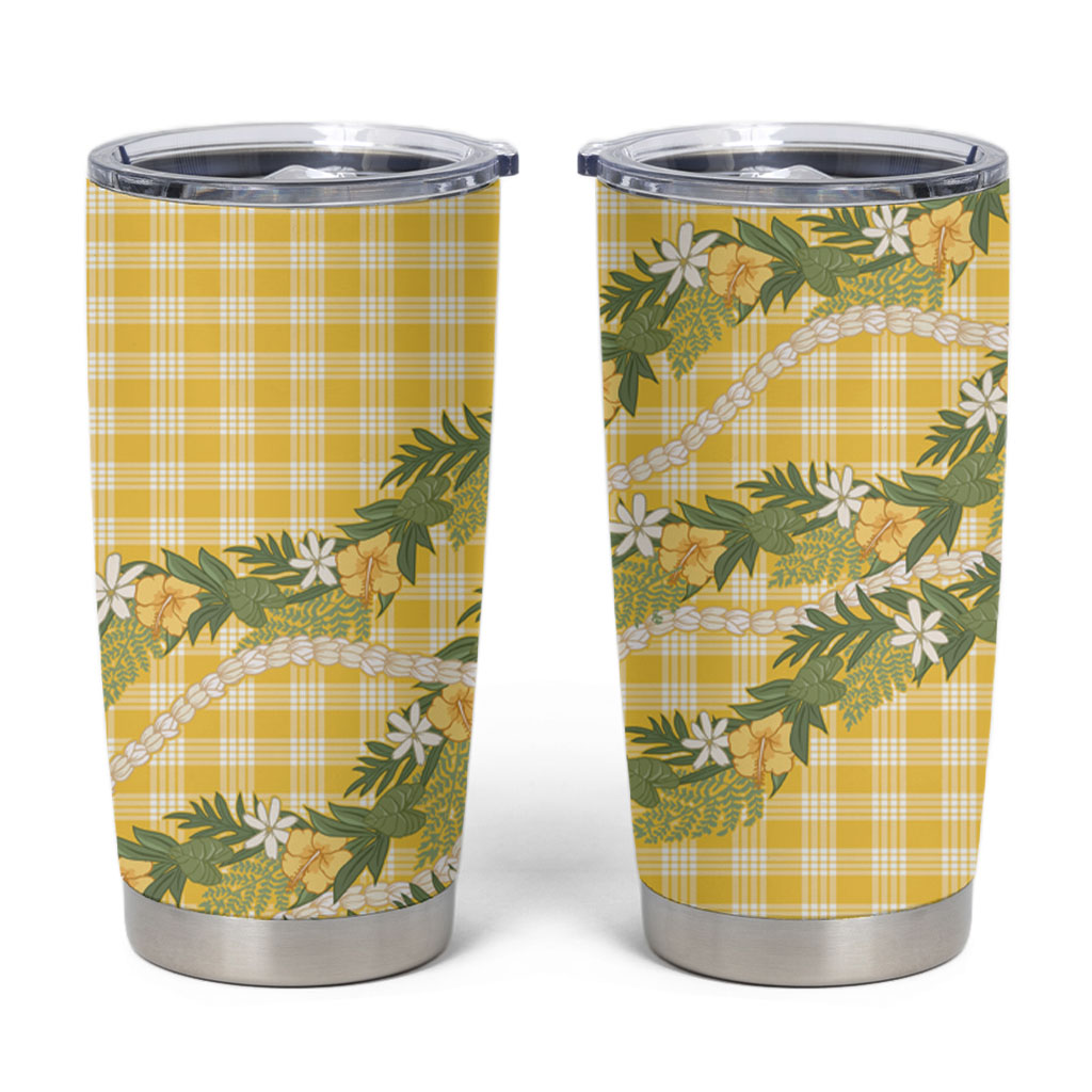 Aloha Puakenikeni Anthurium Pikake Lei Tumbler Cup Gold Hawaiian Palaka Pattern