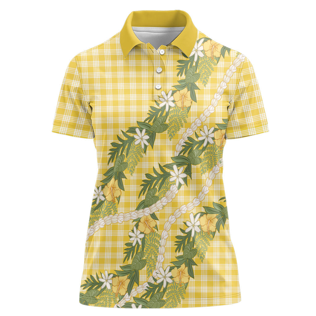 Aloha Puakenikeni Anthurium Pikake Lei Women Polo Shirt Gold Hawaiian Palaka Pattern