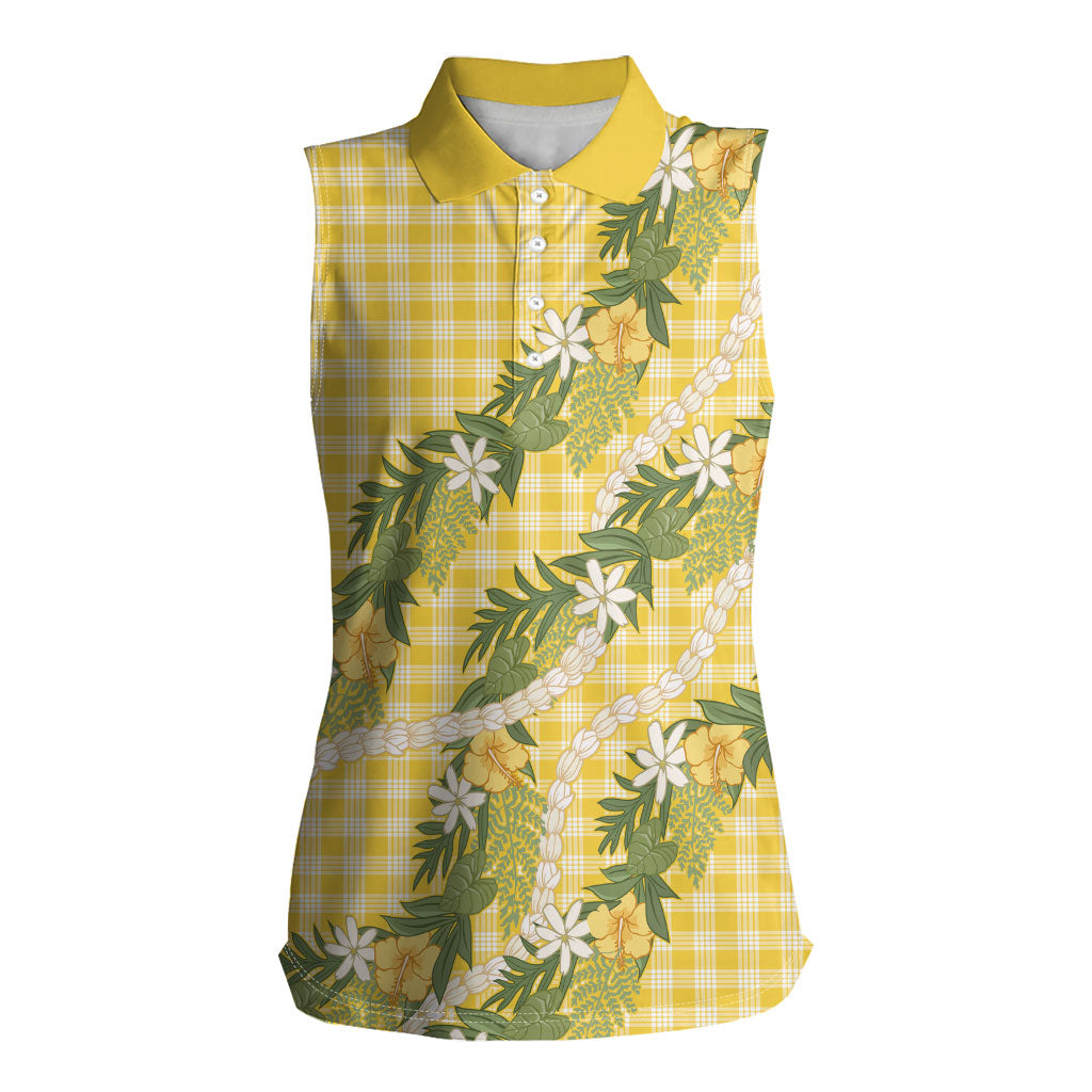 Aloha Puakenikeni Anthurium Pikake Lei Women Sleeveless Polo Shirt Gold Hawaiian Palaka Pattern