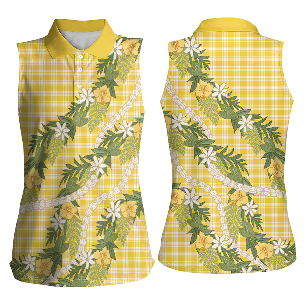 Aloha Puakenikeni Anthurium Pikake Lei Women Sleeveless Polo Shirt Gold Hawaiian Palaka Pattern
