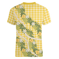 Aloha Puakenikeni Anthurium Pikake Lei Women V-Neck T-Shirt Gold Hawaiian Palaka Pattern