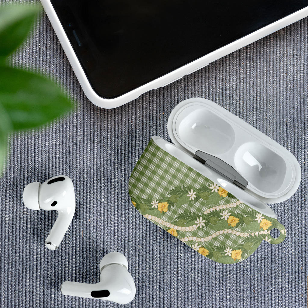 Aloha Puakenikeni Anthurium Pikake Lei AirPods Case Green Hawaiian Palaka Pattern