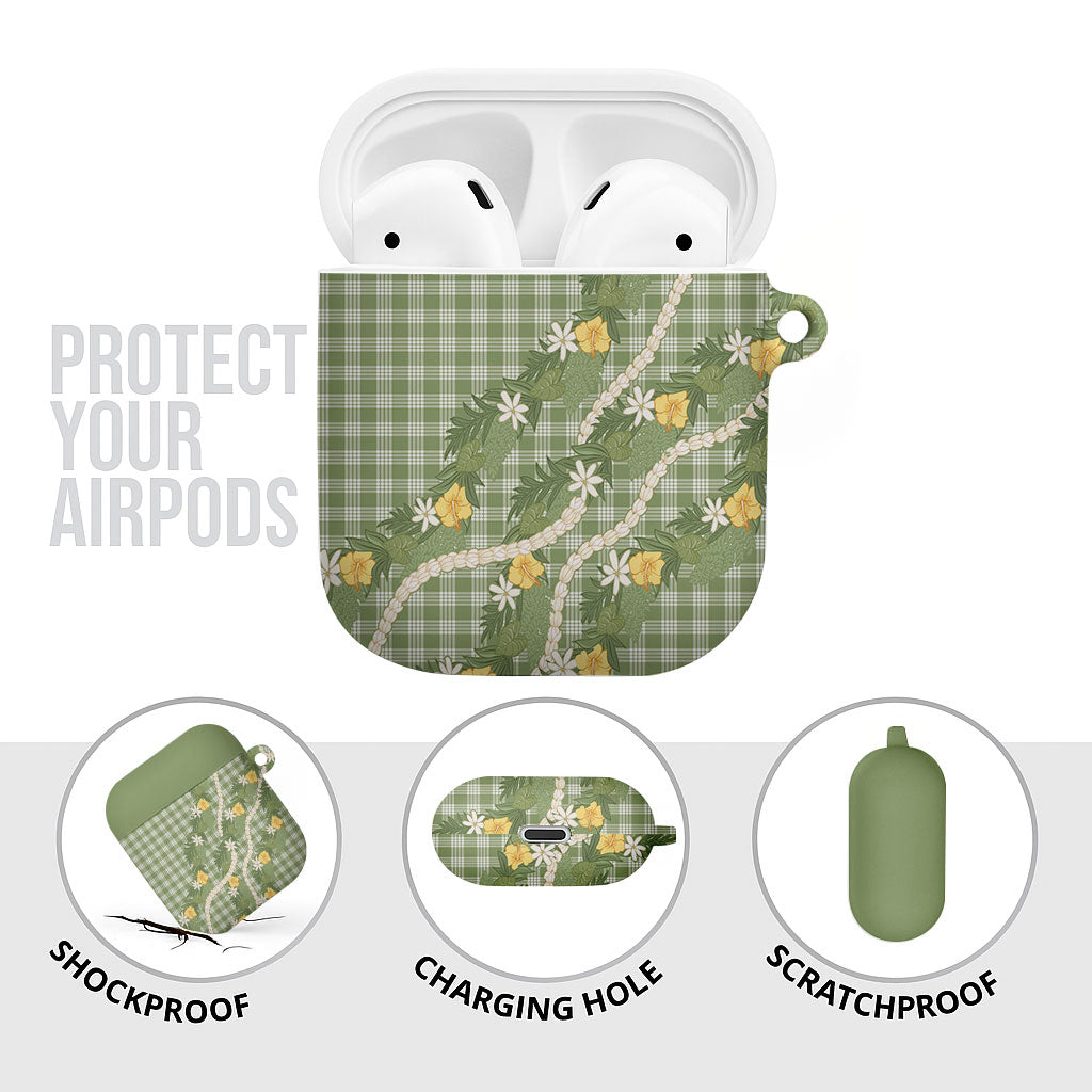 Aloha Puakenikeni Anthurium Pikake Lei AirPods Case Green Hawaiian Palaka Pattern