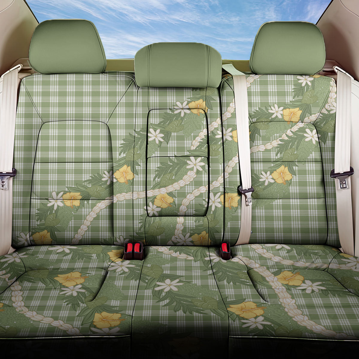 Aloha Puakenikeni Anthurium Pikake Lei Back Car Seat Cover Green Hawaiian Palaka Pattern