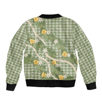 Aloha Puakenikeni Anthurium Pikake Lei Bomber Jacket Green Hawaiian Palaka Pattern