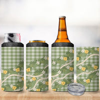 Aloha Puakenikeni Anthurium Pikake Lei 4 in 1 Can Cooler Tumbler Green Hawaiian Palaka Pattern