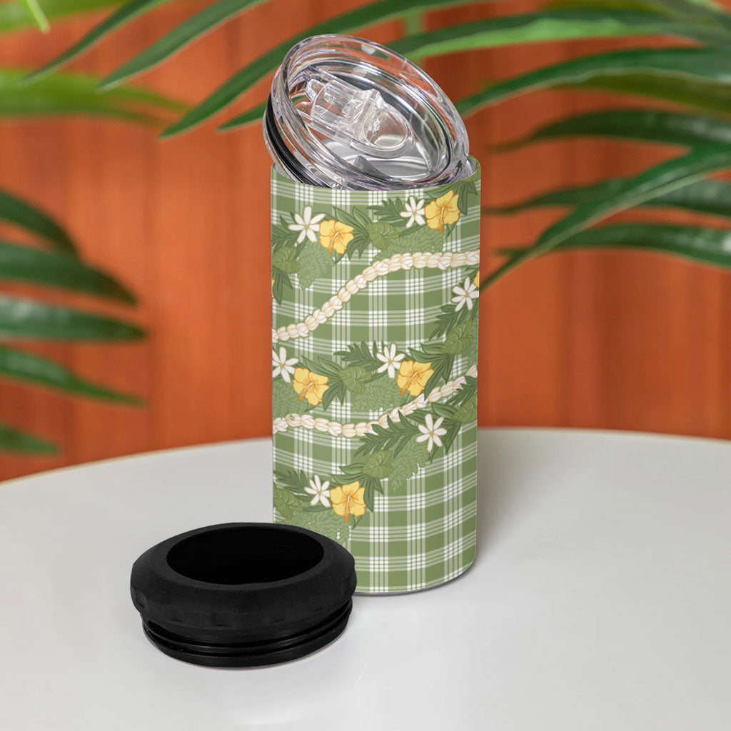 Aloha Puakenikeni Anthurium Pikake Lei 4 in 1 Can Cooler Tumbler Green Hawaiian Palaka Pattern