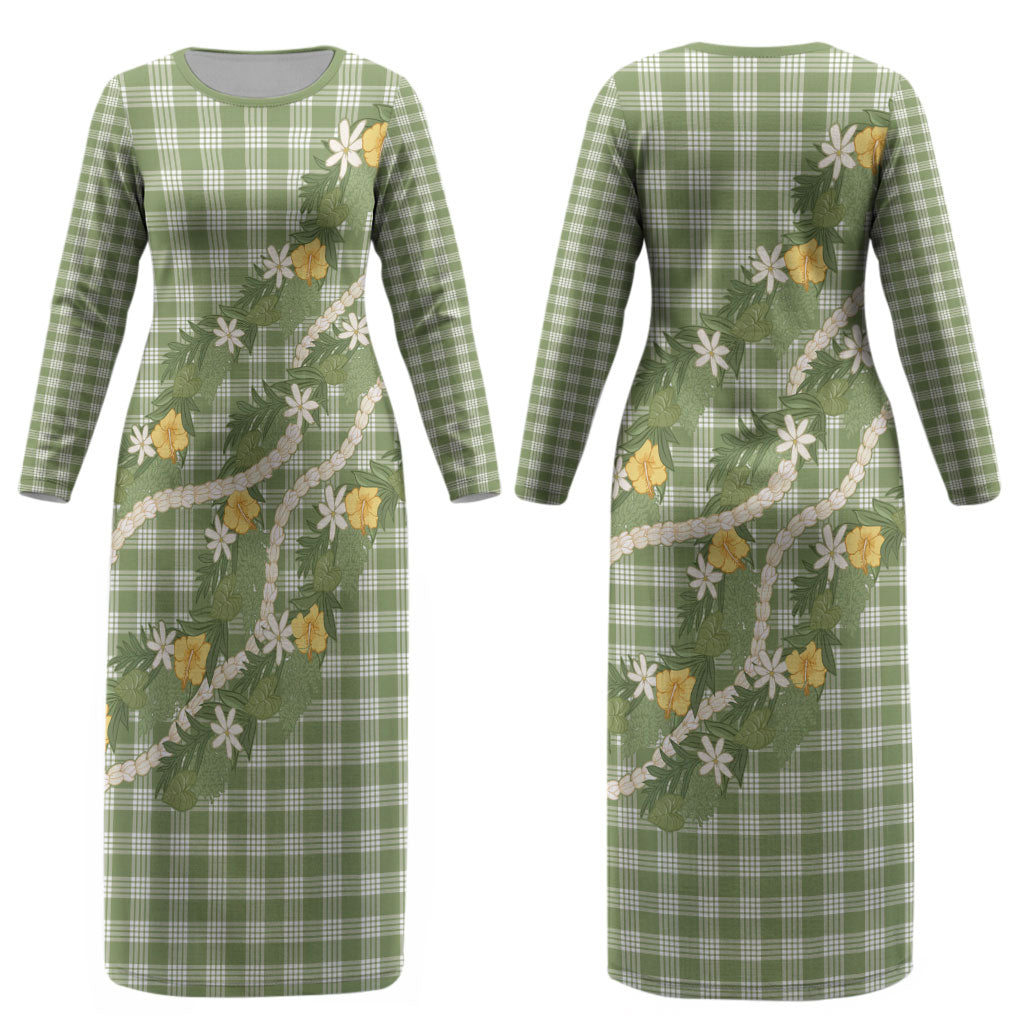 Aloha Puakenikeni Anthurium Pikake Lei Couples Matching Long Sleeve Bodycon Dress and Hawaiian Shirt Green Hawaiian Palaka Pattern LT9 - Polynesian Pride