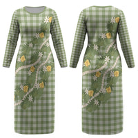 Aloha Puakenikeni Anthurium Pikake Lei Couples Matching Long Sleeve Bodycon Dress and Hawaiian Shirt Green Hawaiian Palaka Pattern LT9 - Polynesian Pride