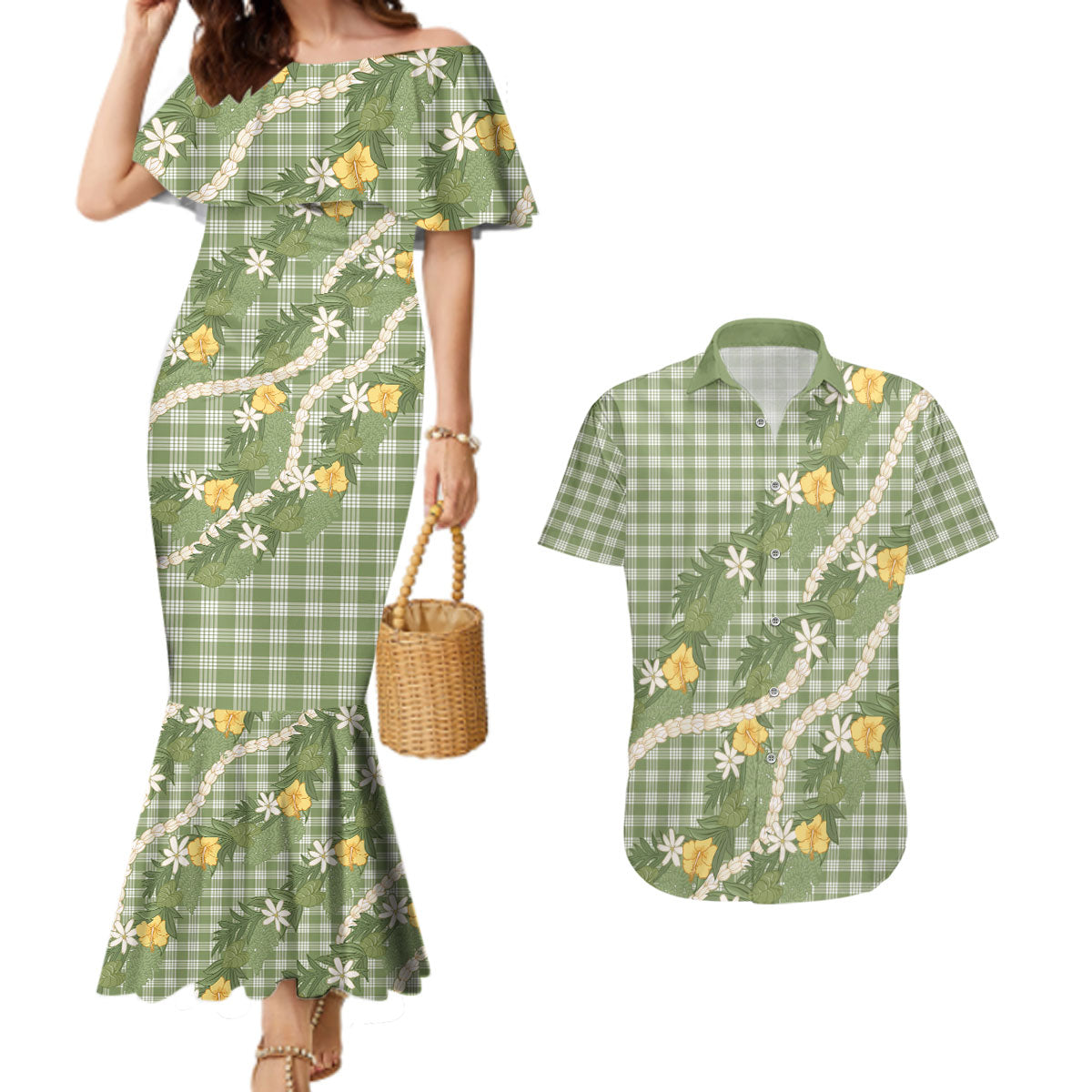 Aloha Puakenikeni Anthurium Pikake Lei Couples Matching Mermaid Dress and Hawaiian Shirt Green Hawaiian Palaka Pattern