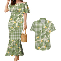 Aloha Puakenikeni Anthurium Pikake Lei Couples Matching Mermaid Dress and Hawaiian Shirt Green Hawaiian Palaka Pattern