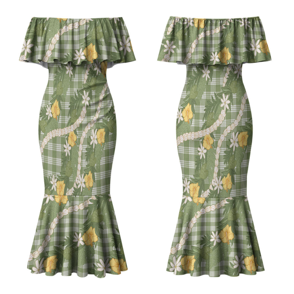 Aloha Puakenikeni Anthurium Pikake Lei Couples Matching Mermaid Dress and Hawaiian Shirt Green Hawaiian Palaka Pattern LT9 - Polynesian Pride