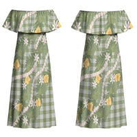 Aloha Puakenikeni Anthurium Pikake Lei Couples Matching Off Shoulder Maxi Dress and Long Sleeve Button Shirt Green Hawaiian Palaka Pattern LT9 - Polynesian Pride