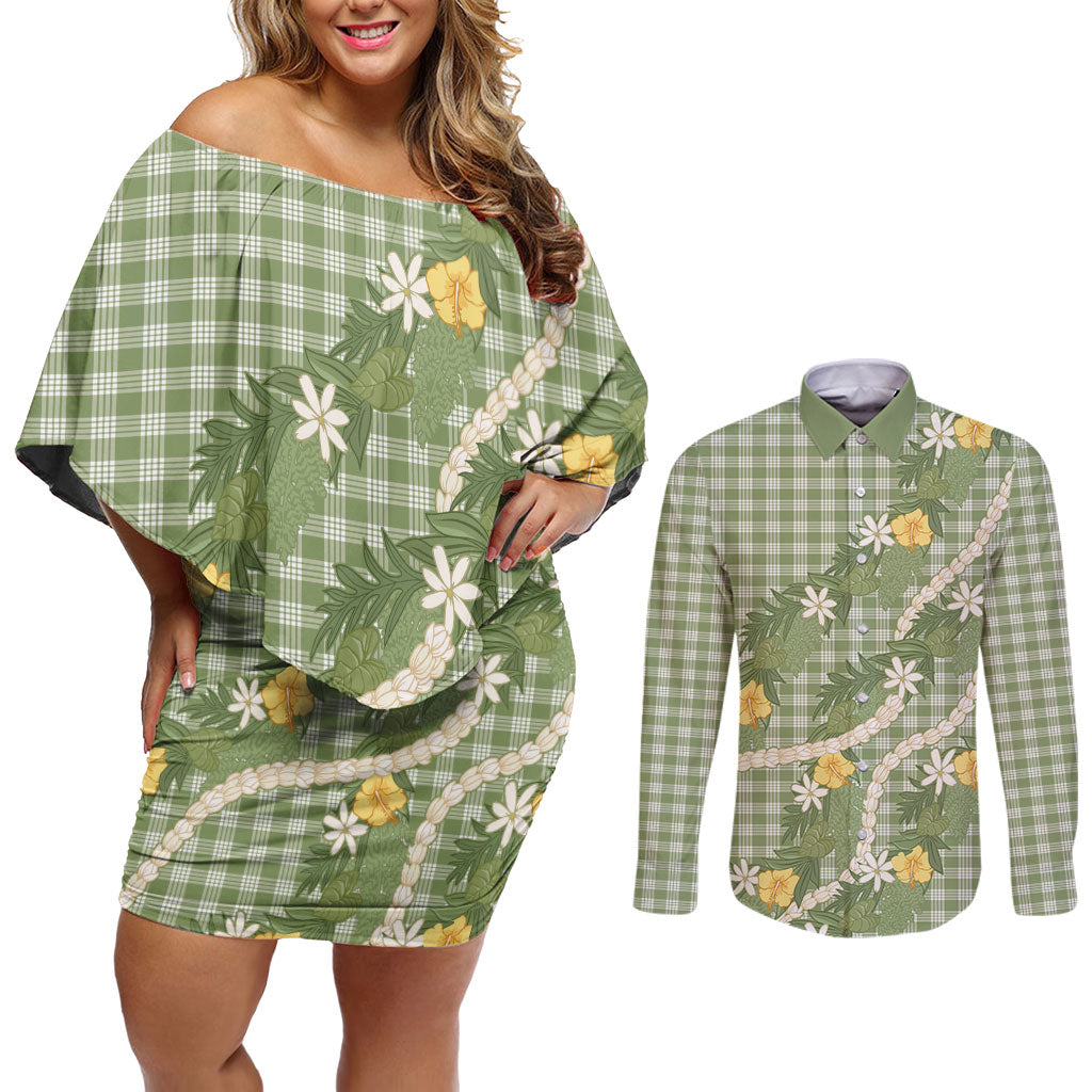 Aloha Puakenikeni Anthurium Pikake Lei Couples Matching Off Shoulder Short Dress and Long Sleeve Button Shirt Green Hawaiian Palaka Pattern