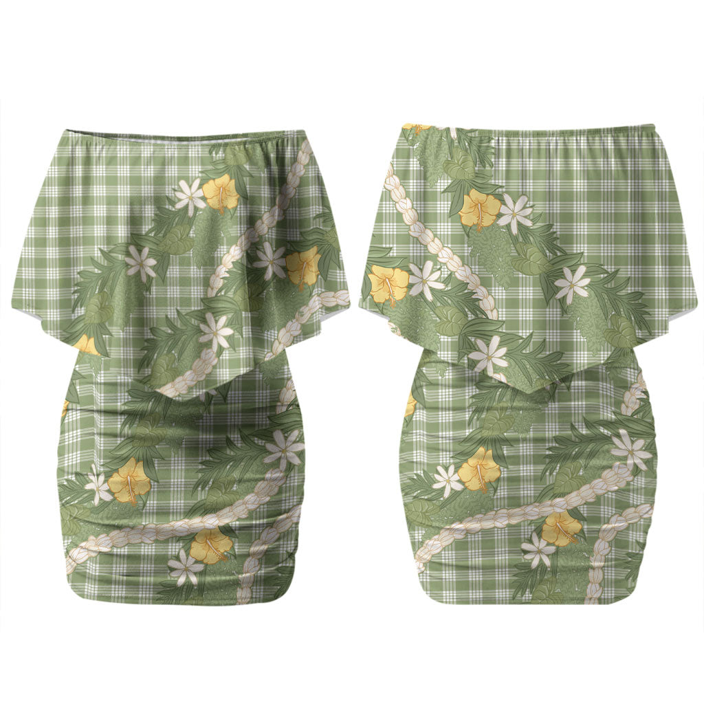 Aloha Puakenikeni Anthurium Pikake Lei Couples Matching Off Shoulder Short Dress and Long Sleeve Button Shirt Green Hawaiian Palaka Pattern LT9 - Polynesian Pride