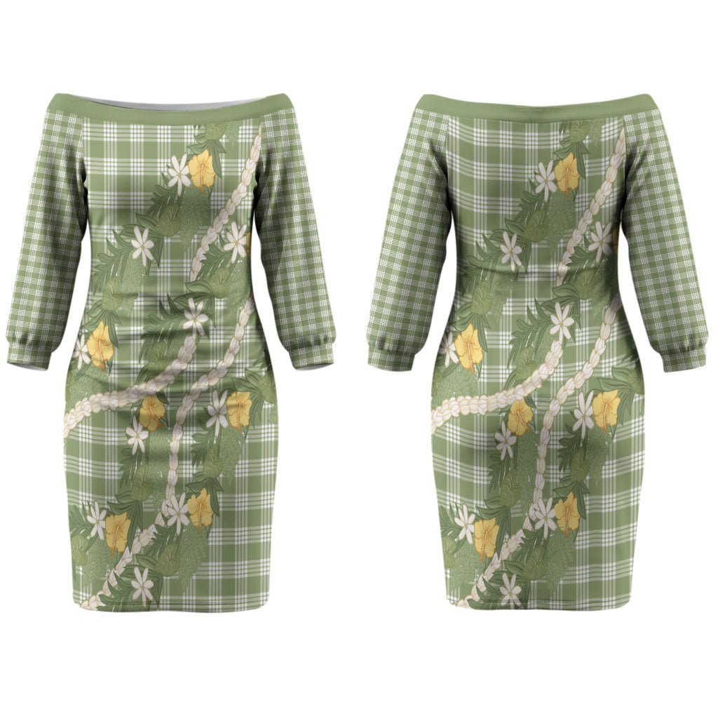 Aloha Puakenikeni Anthurium Pikake Lei Couples Matching Off The Shoulder Long Sleeve Dress and Hawaiian Shirt Green Hawaiian Palaka Pattern LT9 - Polynesian Pride