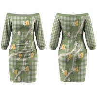 Aloha Puakenikeni Anthurium Pikake Lei Couples Matching Off The Shoulder Long Sleeve Dress and Long Sleeve Button Shirt Green Hawaiian Palaka Pattern LT9 - Polynesian Pride