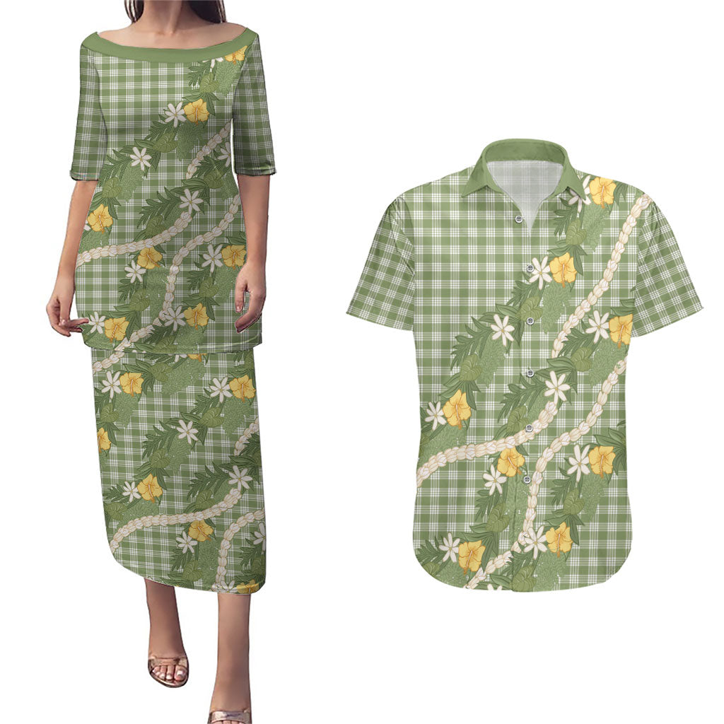 Aloha Puakenikeni Anthurium Pikake Lei Couples Matching Puletasi and Hawaiian Shirt Green Hawaiian Palaka Pattern