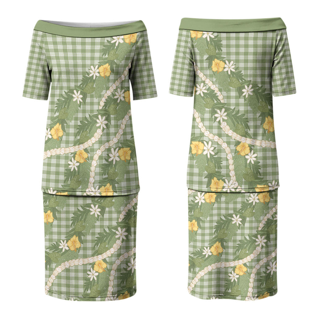 Aloha Puakenikeni Anthurium Pikake Lei Couples Matching Puletasi and Hawaiian Shirt Green Hawaiian Palaka Pattern LT9 - Polynesian Pride