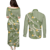 Aloha Puakenikeni Anthurium Pikake Lei Couples Matching Puletasi and Long Sleeve Button Shirt Green Hawaiian Palaka Pattern