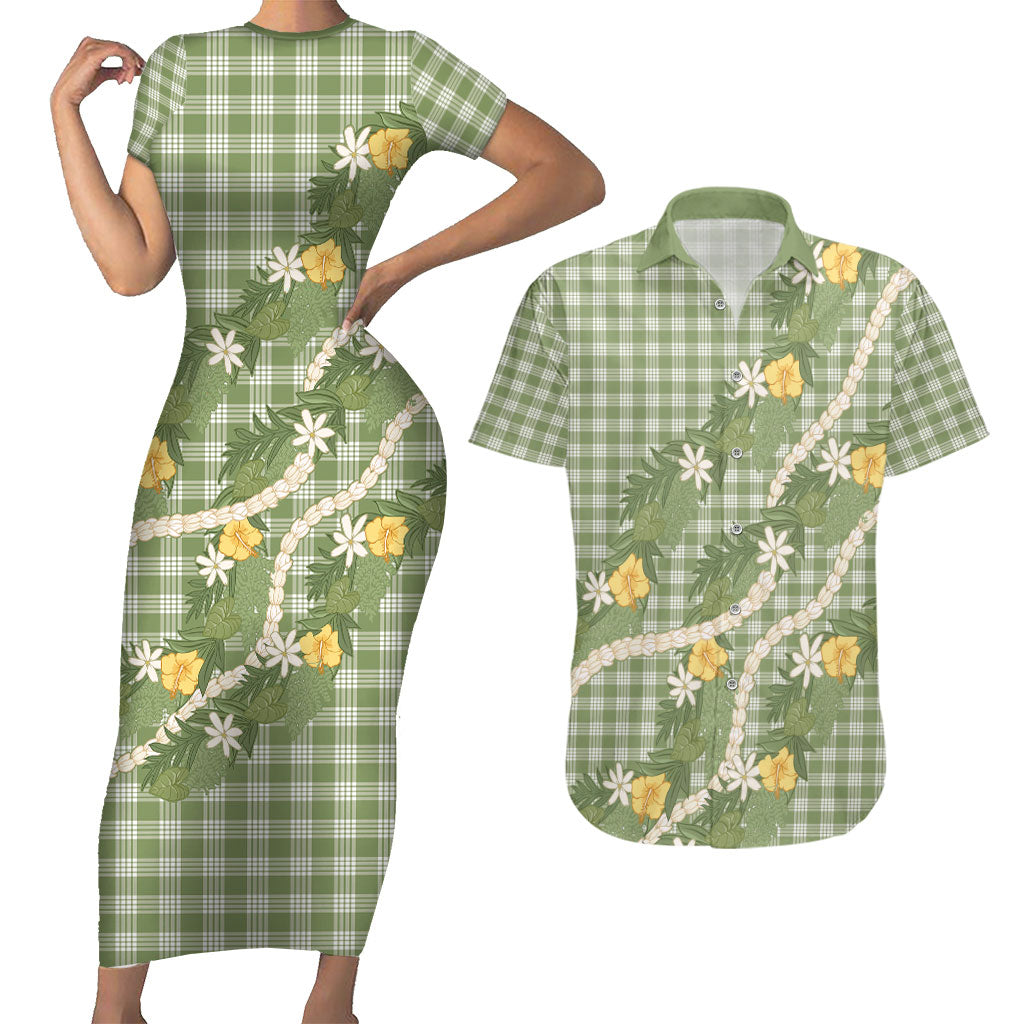 Aloha Puakenikeni Anthurium Pikake Lei Couples Matching Short Sleeve Bodycon Dress and Hawaiian Shirt Green Hawaiian Palaka Pattern