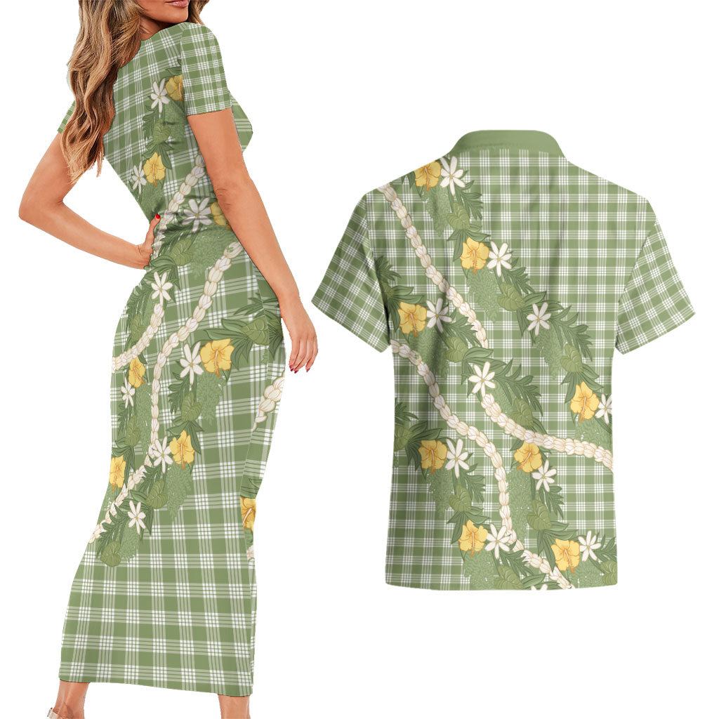 Aloha Puakenikeni Anthurium Pikake Lei Couples Matching Short Sleeve Bodycon Dress and Hawaiian Shirt Green Hawaiian Palaka Pattern