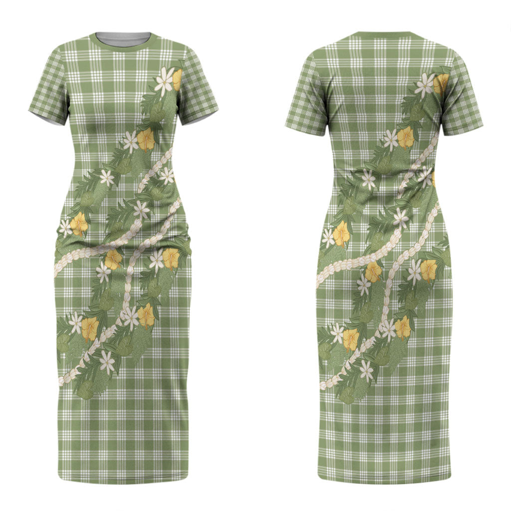 Aloha Puakenikeni Anthurium Pikake Lei Couples Matching Short Sleeve Bodycon Dress and Hawaiian Shirt Green Hawaiian Palaka Pattern LT9 - Polynesian Pride