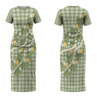 Aloha Puakenikeni Anthurium Pikake Lei Couples Matching Short Sleeve Bodycon Dress and Hawaiian Shirt Green Hawaiian Palaka Pattern LT9 - Polynesian Pride