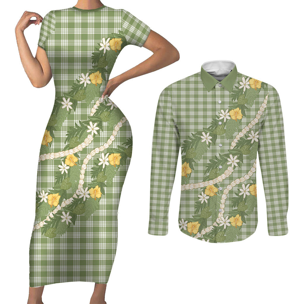 Aloha Puakenikeni Anthurium Pikake Lei Couples Matching Short Sleeve Bodycon Dress and Long Sleeve Button Shirt Green Hawaiian Palaka Pattern
