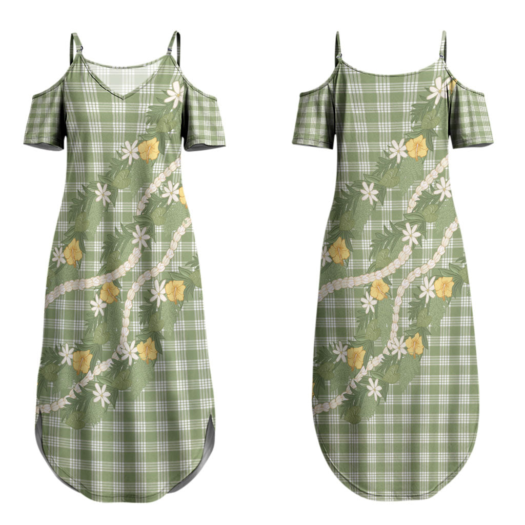 Aloha Puakenikeni Anthurium Pikake Lei Couples Matching Summer Maxi Dress and Long Sleeve Button Shirt Green Hawaiian Palaka Pattern LT9 - Polynesian Pride