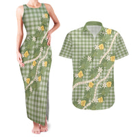 Aloha Puakenikeni Anthurium Pikake Lei Couples Matching Tank Maxi Dress and Hawaiian Shirt Green Hawaiian Palaka Pattern