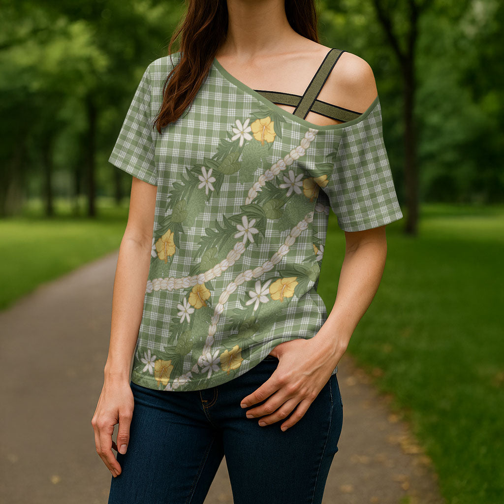 Aloha Puakenikeni Anthurium Pikake Lei Cross Shoulder Shirt Green Hawaiian Palaka Pattern