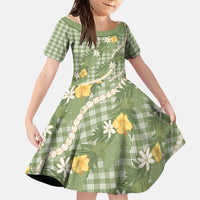 Aloha Puakenikeni Anthurium Pikake Lei Family Matching Long Sleeve Bodycon Dress and Hawaiian Shirt Green Hawaiian Palaka Pattern
