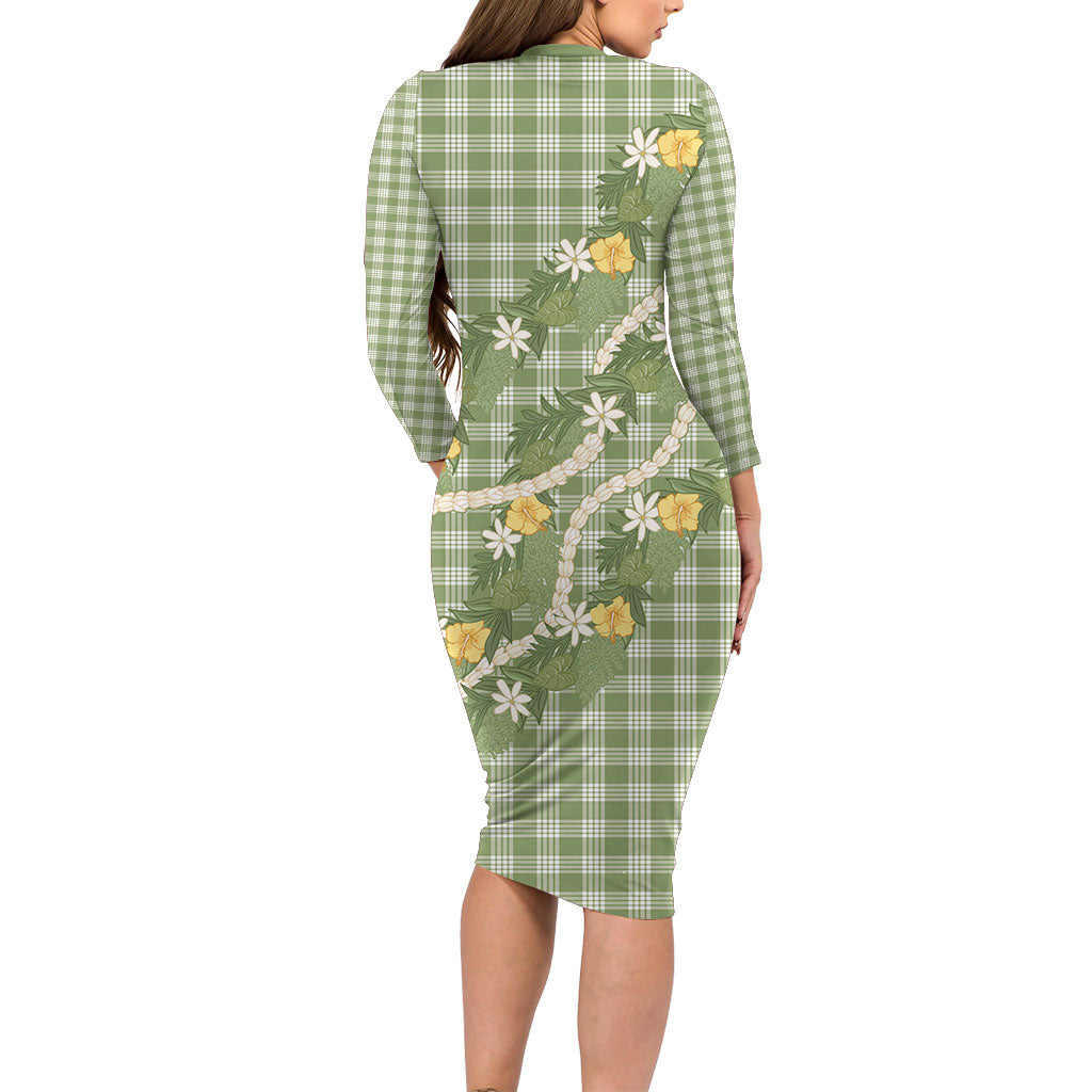 Aloha Puakenikeni Anthurium Pikake Lei Family Matching Long Sleeve Bodycon Dress and Hawaiian Shirt Green Hawaiian Palaka Pattern