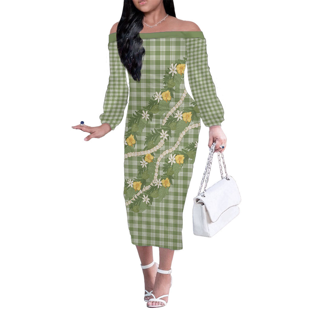 Aloha Puakenikeni Anthurium Pikake Lei Family Matching Off The Shoulder Long Sleeve Dress and Hawaiian Shirt Green Hawaiian Palaka Pattern