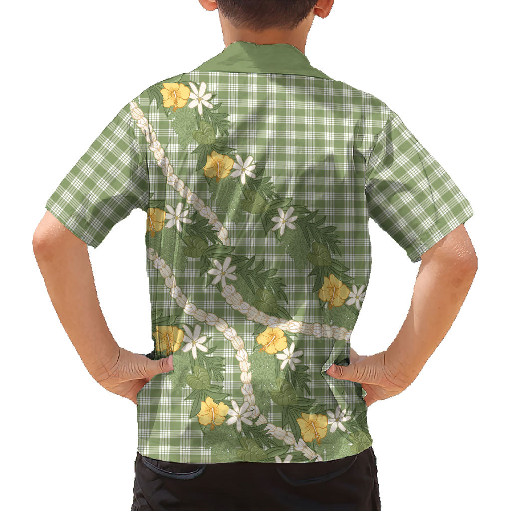Aloha Puakenikeni Anthurium Pikake Lei Family Matching Off Shoulder Maxi Dress and Hawaiian Shirt Green Hawaiian Palaka Pattern