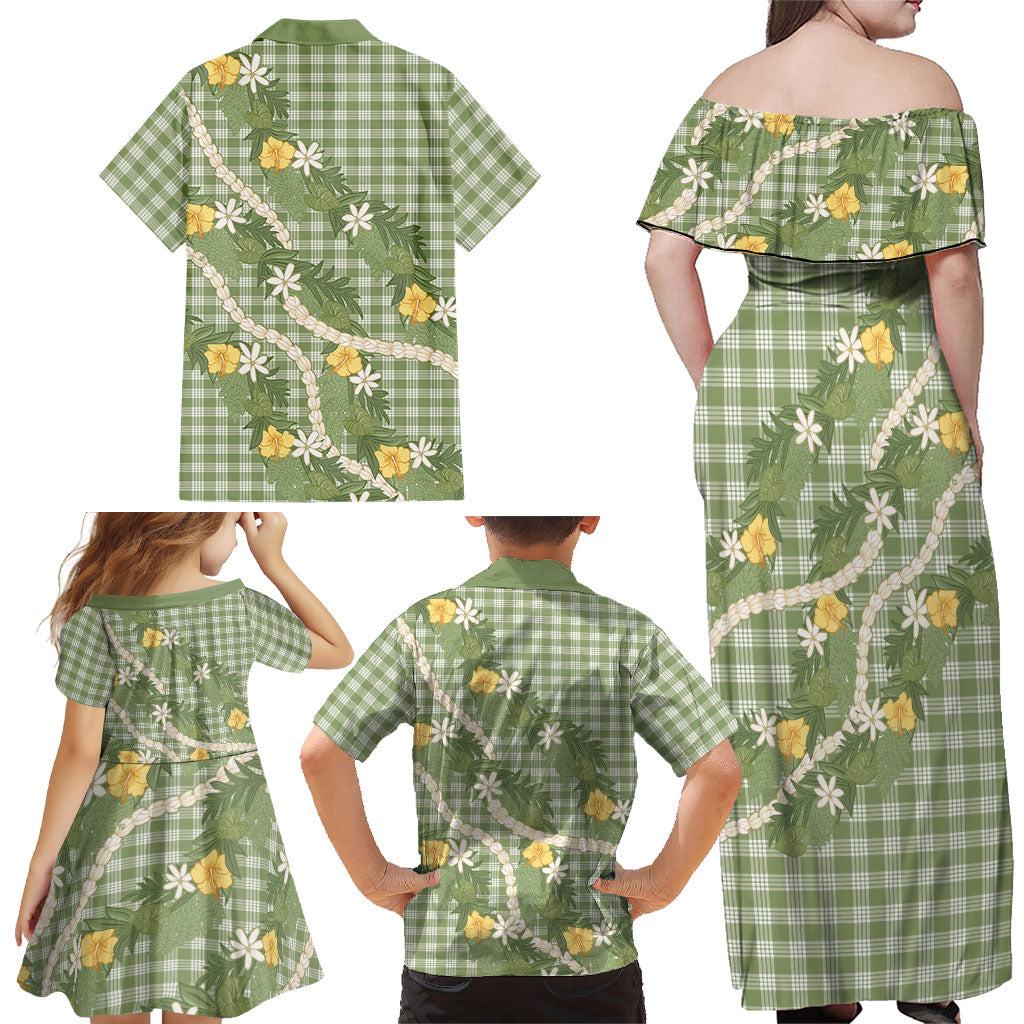 Aloha Puakenikeni Anthurium Pikake Lei Family Matching Off Shoulder Maxi Dress and Hawaiian Shirt Green Hawaiian Palaka Pattern