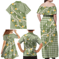 Aloha Puakenikeni Anthurium Pikake Lei Family Matching Off Shoulder Maxi Dress and Hawaiian Shirt Green Hawaiian Palaka Pattern