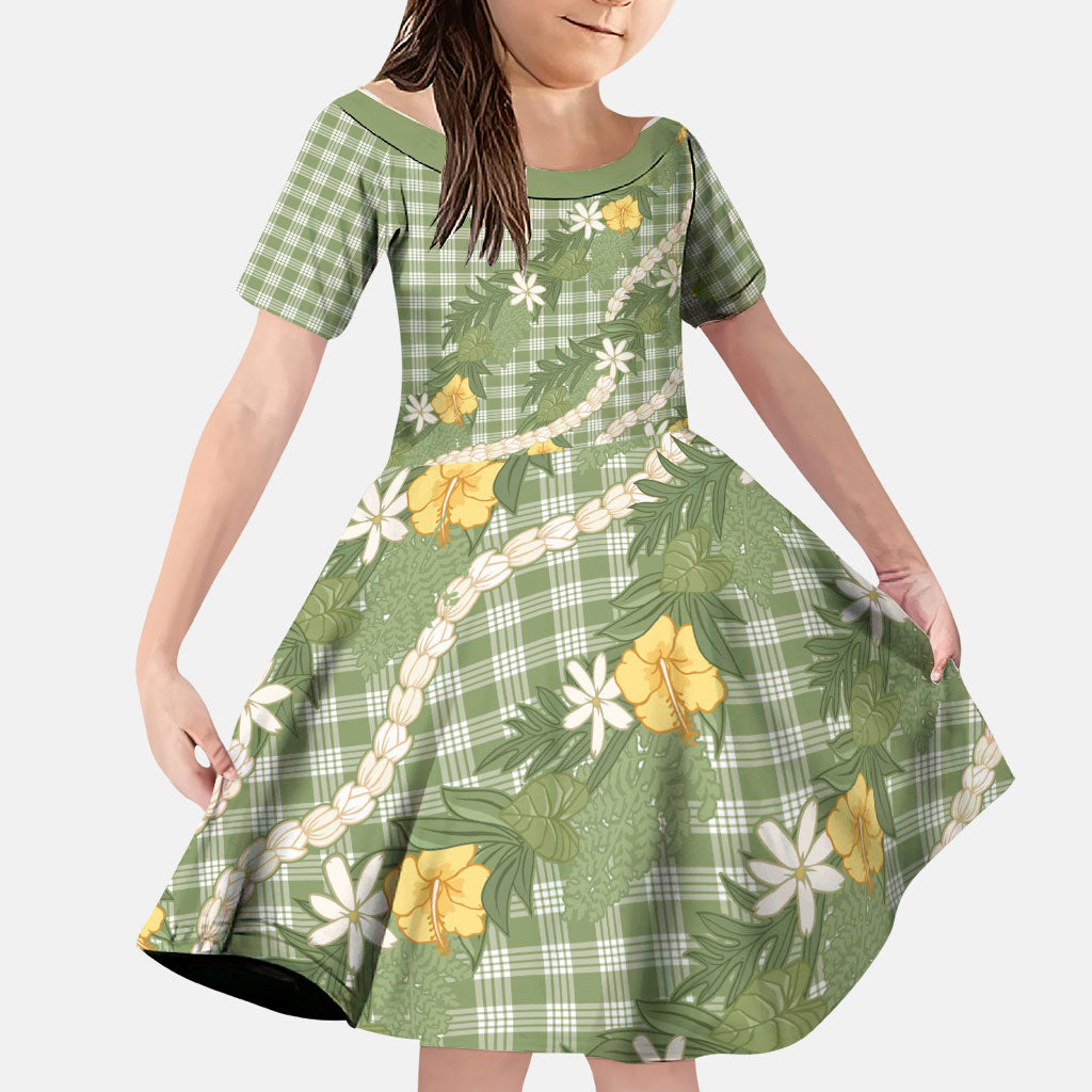 Aloha Puakenikeni Anthurium Pikake Lei Family Matching Off Shoulder Short Dress and Hawaiian Shirt Green Hawaiian Palaka Pattern